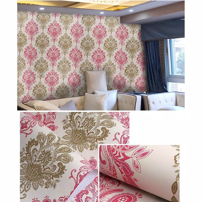 Wallpaper Dinding Stiker Motif Batik Pink Gold Ukuran 45 cm x 10 m