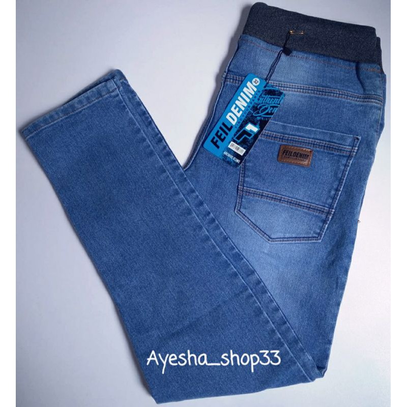 Celana panjang cowok slim fit jeans pinggang karet feil