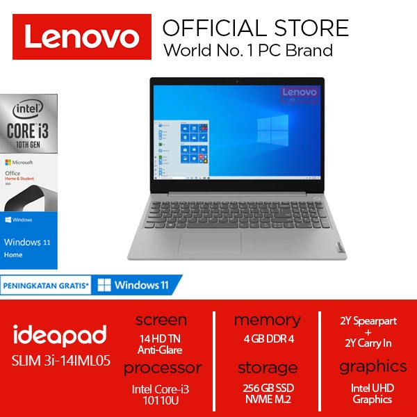 Lenovo IdeaPad Slim 3i-14IML05 Core i3-10110U 4GB 256GB SSD 14 HD TN W11+OHS Platinum Grey (81WA00PB