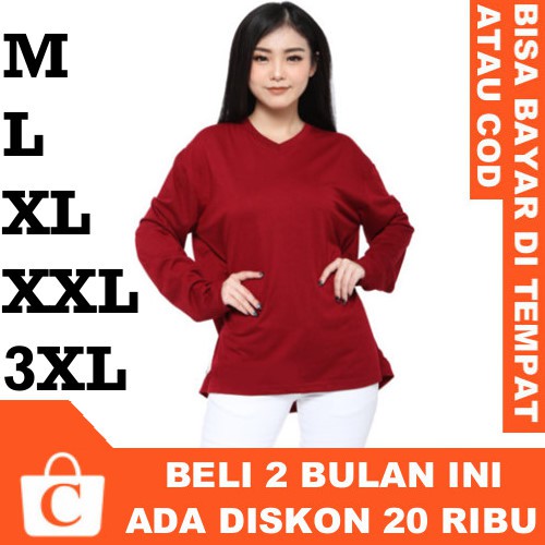 CORATCORETUDIO Kaos Wanita T-Shirt Cewek Jumbo Big Size Panjang Polos Leher V Neck MERAH MAROON