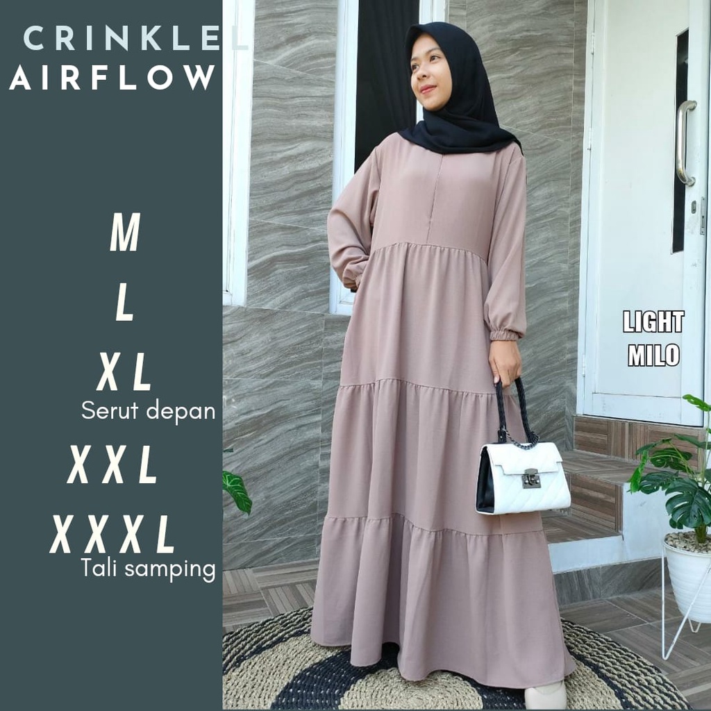 Dress gamis Adisa S-XXXL crinkle airflow polos susun terlaris