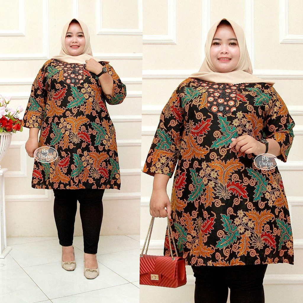 Tunik Batik Wanita Ukuran Jumbo LD 140cm Resleting Belakang Bahan Katun Adem Di Pakai Serap Keringat