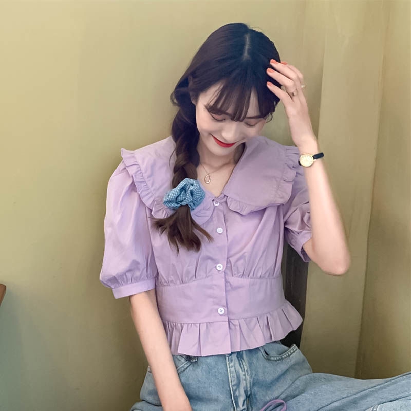 Kemeja Wanita Lengan Puff Pendek Model Korea Kerah Lapel Kemeja Wanita Lengan Puff Pendek Model Korea Kerah Lapel