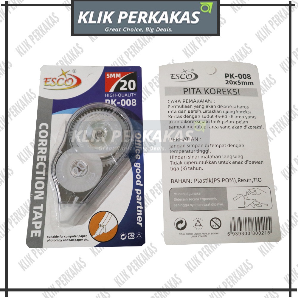 ESCO Correction Tape / Tip Ex Kertas / Pita Koreksi 20 30 Meter Warna Pastel Tidak Mudah Terputus