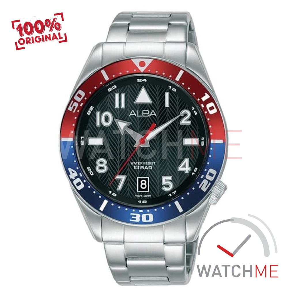 Jam Tangan Pria Alba Analog AS9K39X1 Black Dial Blue Red 100m Stainless Steel Original Garansi Murah