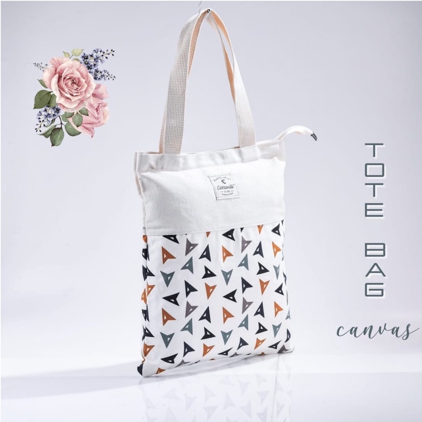 Tas Cewek model tote bag resleting kuliah wanita bahan kanvas polos dan motif bisa custom sablon