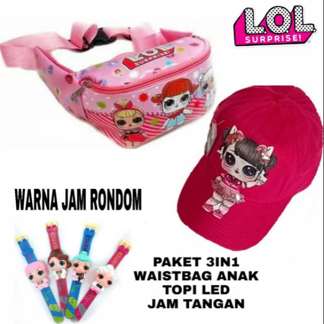 Paket 3in1 waistba anak karakter lol free jam dan topi led bs menyala