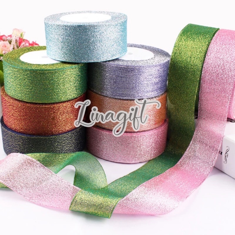 ( 3 Meter ) PITA METALLIC GLITTER  1 IN ( 2.5 CM ) - PITA METALIK GLITER 1 INCH HIASAN KADO NATAL / PARCEL / HAMPERS / SOUVENIR GOODIEBAG RIBBON METALIK GLITER MERAH HIJAU BIRU UNGU / RED PINK BLUE PURPLE BLACK