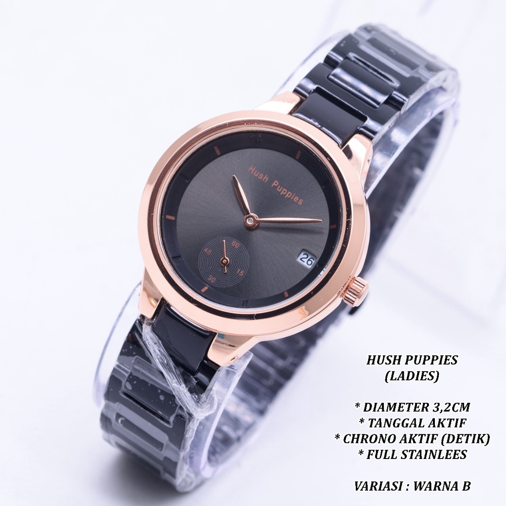 (BISA COD) JAM TANGAN HUSH PUPPIES RANTAI BODY BULAT TANGGAL &amp; CHRONO AKTIF
