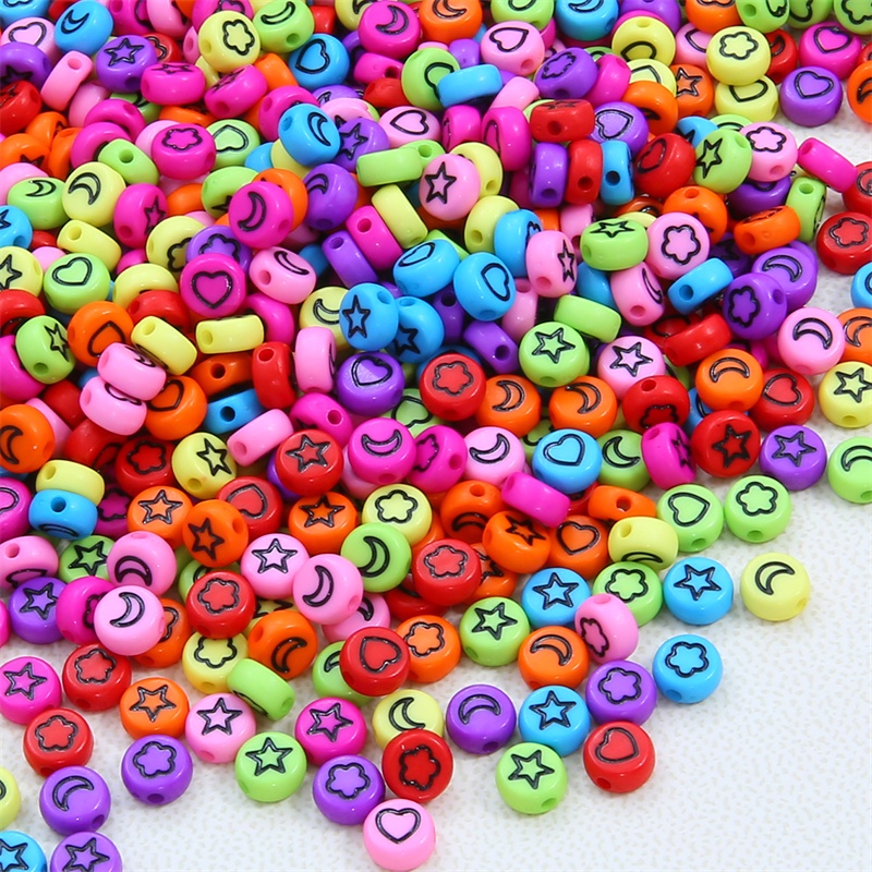 100pcs 7mm Colorful Mixed Flower Star Moon Heart Acrylic Beads Round Flat Loose Spacer Beads For Diy Jewelry Making Bracelet