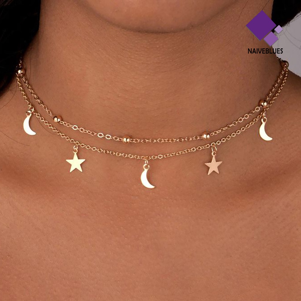 Naiveblue Kalung Choker Lapis Ganda Dengan Liontin Bulan Sabit Warna Emas Untuk Wanita