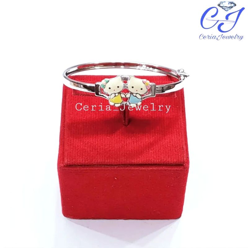 Gelang Perak Anak Asli Silver 925 Lapis Emas Putih Model Bangle Karakter Hellokitty Kembar