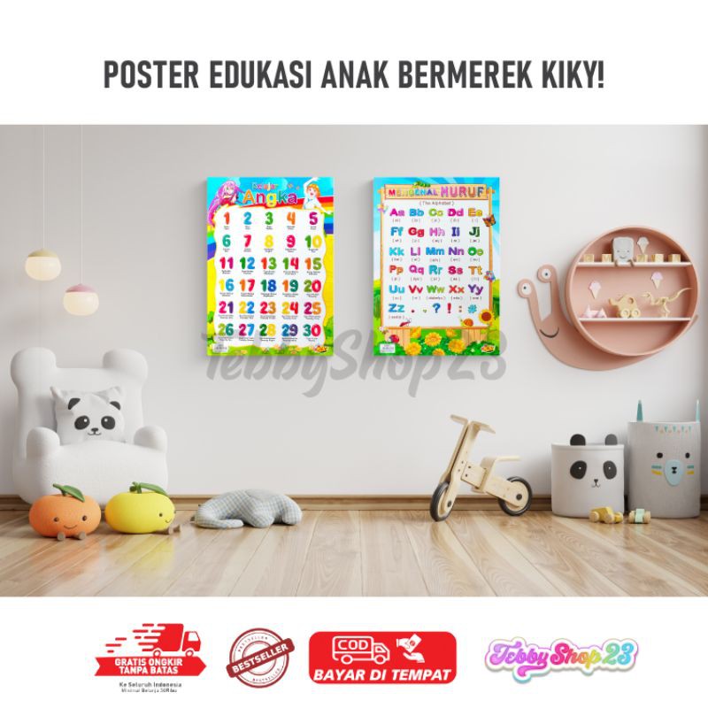 

Poster edukasi anak merk KIKY,poster angka abjad hewan buah