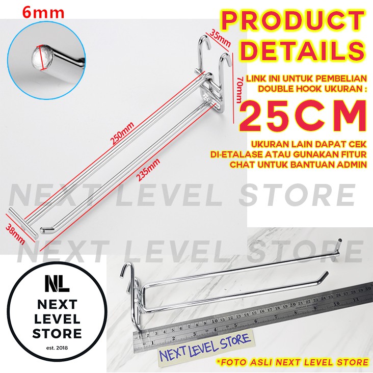 Double Hook Ram 10 15 20 25 30 CM TEBAL 6mm Display Cantolan Chrome Stainless Label Nama Price Card