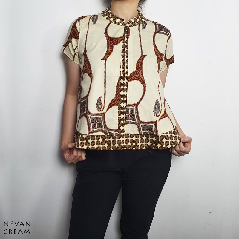 Evercloth Nevan Atasan Batik Perempuan Baju Batik Cewek Kemeja Sleting Depan Kerah Shanghai Batik Busui