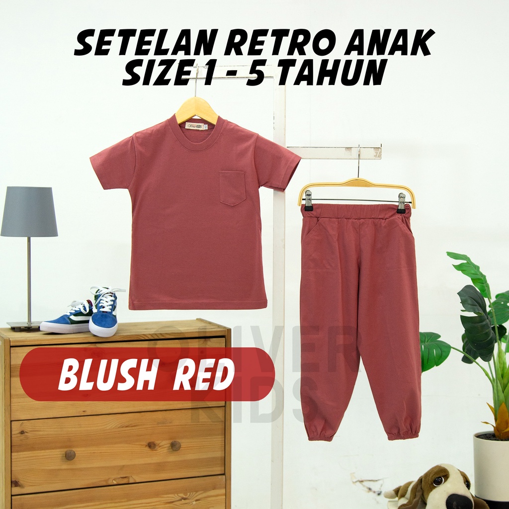 OliverKids Setelan Anak 1-5 Tahun Setelan Kiano Pocket Anak Celana Jogger Dan Baju Anak Polos Katun Combed One Set Henley Tee Setelan Pantai Anak-JOGGER RED