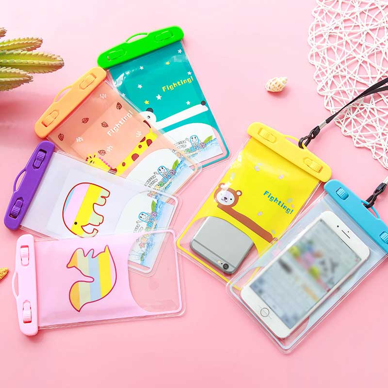 1pc Tas Pouch Handphone Universal Transparan Anti Air Motif Kartun Dengan Tali Lanyard Leher