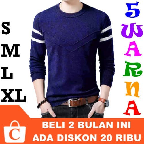 KAOS PRIA KOREA PANJANG GARIS PUTIH POLOS DADA V BIRU TUA DONGKER NAVY MURAH MERIAH