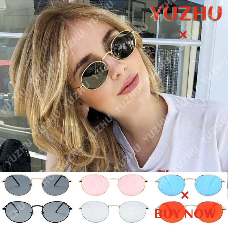 (YUZHU) Bayar di Tempat Kacamata Hitam Bulat Wanita Korea Kaca Mata Besi Frame Retro Gaya Sunglasses