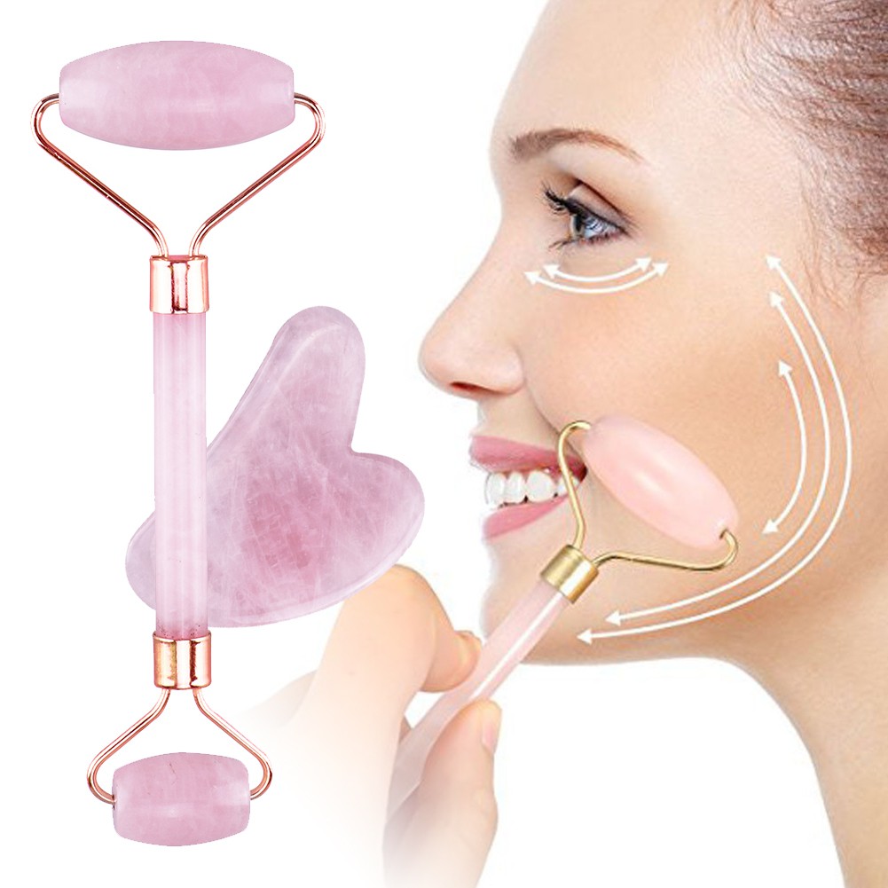 Double Head Natural Pink Crystal Jade Massage Roller V Shaped Facial Guasha Face Beauty Tool Set