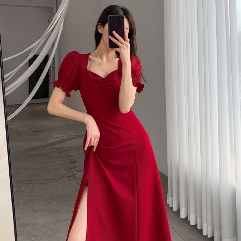 Red Dress Puffy Sleeves Slit