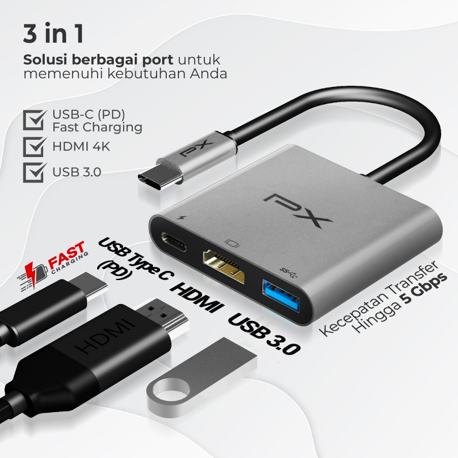 Converter Hub Adapter 3in1 USB Type C 3.1 to USB 3.0 4K HDMI PX UCH03