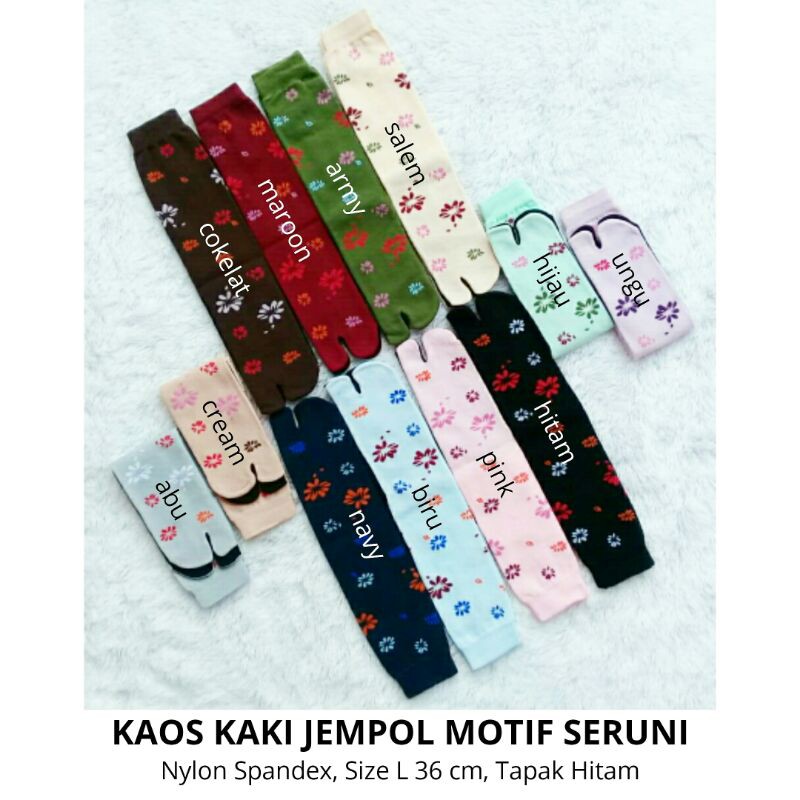 Kaos Kaki Jempol Wanita Muslimah Motif Seruni (Nylon Spandex Size L Tapak Hitam Panjang Murah Tebal)