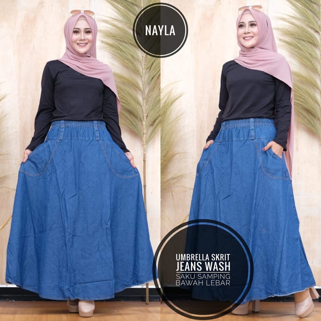 rok panjang wanita jeans wash denim rok umbrella rok payung bawah lebar jumbo XXL rok polos nayla