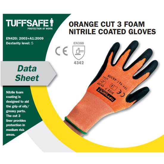 Hand Gloves Safety TUFFSAFE  Nitrile foam coated gloves CUT Level 3