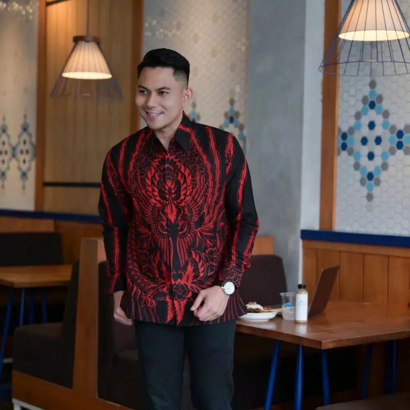 Kemeja Batik PREMIUM warna Merah Lengan Panjang Pria Bahan Katun Premium Reguler Fit E023