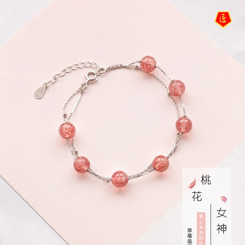 [Ready Stock]Double Layer Strawberry Quartz Silver Bracelet Female