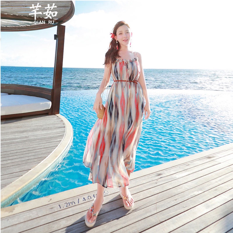 Baju Pantai Wanita Hijab ☑Gaun pantai liburan tepi laut wanita Thailand Sanya rok suspender Bohemian