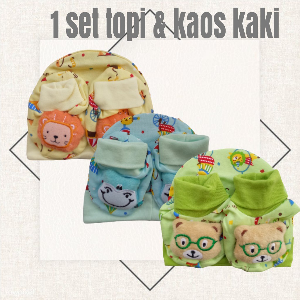 Set Topi dan Sarung Kaki bayi / kaos Kaki Bayi 0-6 bulan