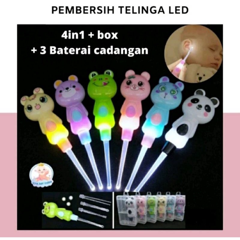 Korek kuping 4in1 BOX Led+bonus batrai ganti Karakter animal Alat Pembersih Telinga Elektrik