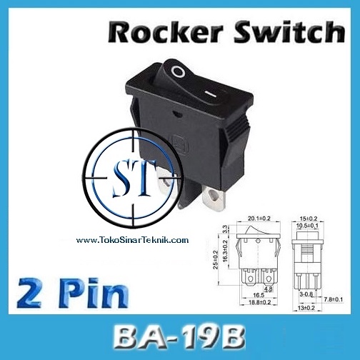 Rocker Switch On Off Saklar Gepeng Kecil 2 Pin Bentuk Pipih Plastik kokoh Swit Hitam 2 Kaki 2p BA-19B