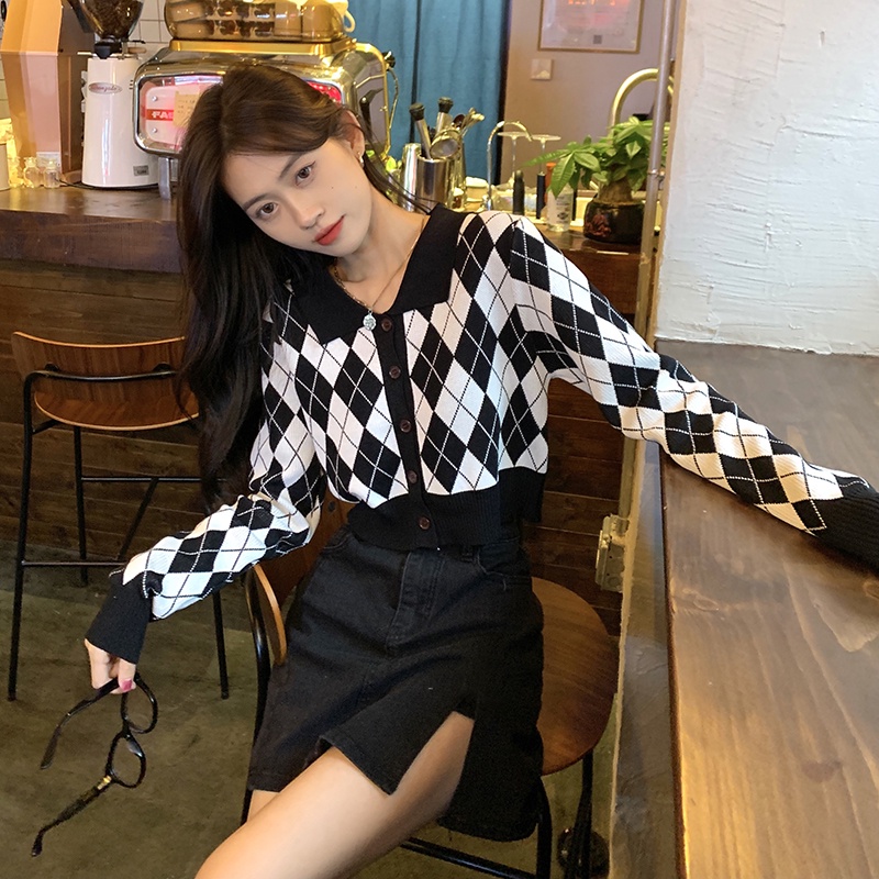 Gaya Retro Lengan Panjang Knit Hitam Kardigan Kotak-kotak Untuk Wanita