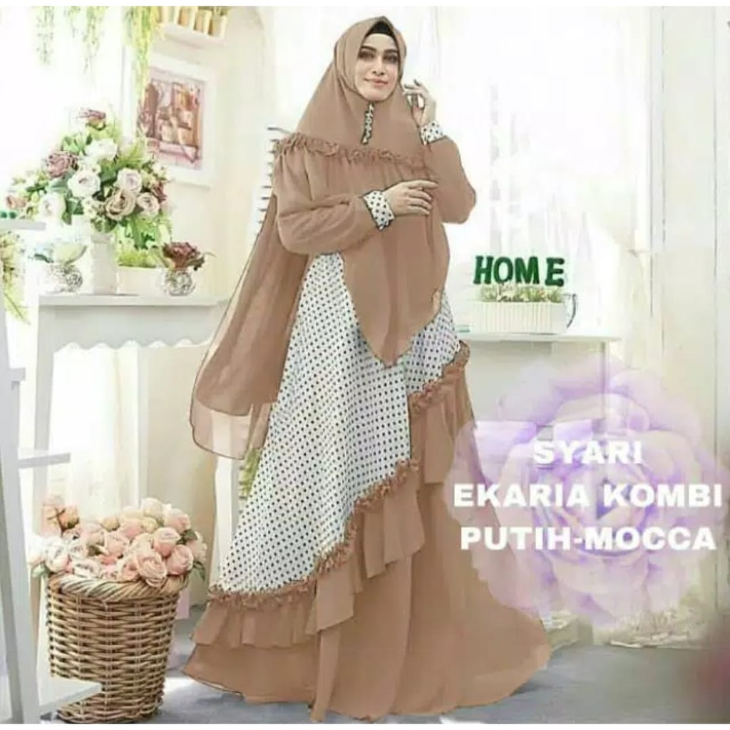 SYARI EKARIA POLKA KOMBI PUTIH / GAMIS RAMPLE / FASHION WANITA