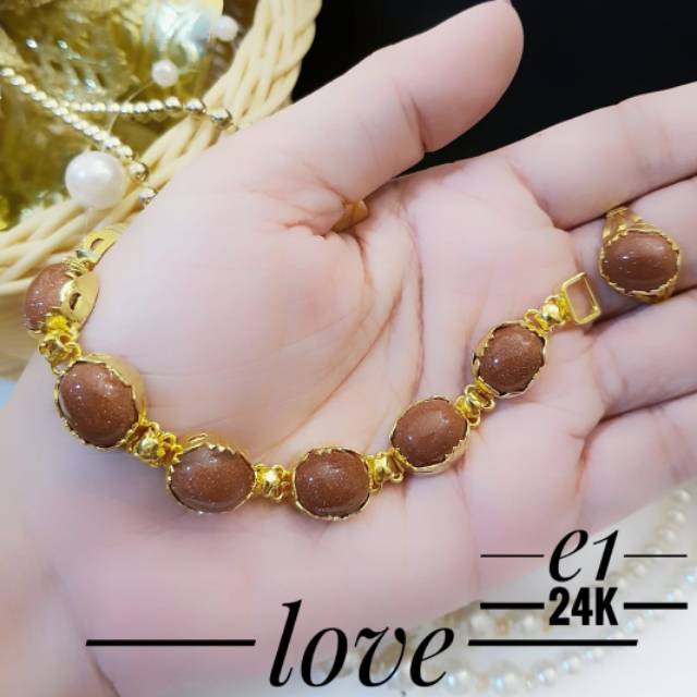 Set Perhiasan Lapis Emas 24 Karat Xuping Gelang Cincin Batu Permata Coklat Rubi Giok Gold Titanium
