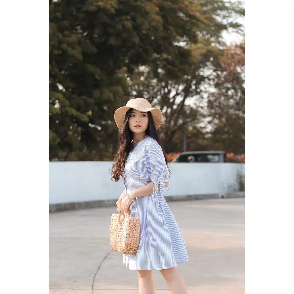CB-D2423 Casual Women Dress Katun Dress Remaja Stripe Button Tied Dress Korea Kekinian Dress Wanita