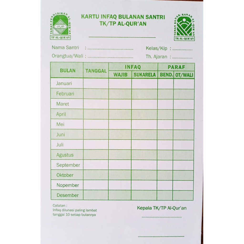 

Kartu Infaq Bulanan Santri TKA TPA Warna Hijau (Isi 20 Lembar)