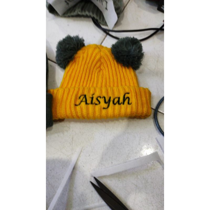 topi kupluk pom-pom baby bisa bordir nama