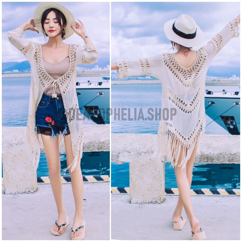 Cardigan Bikini Outer Fringe Rumbai Tassel Pantai Etnik Boho Bohemian