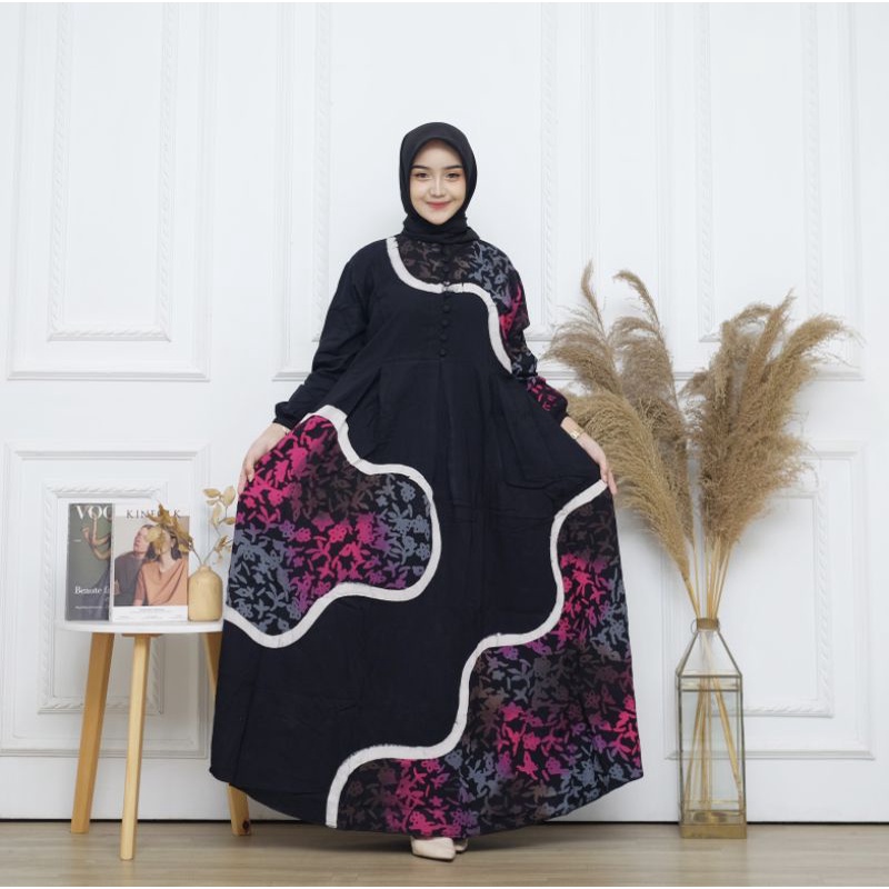 gamis twill candi mekar terbaru  malaman hitam abstrak original berkuwalitas S M L XL jumbo XXL XXXL