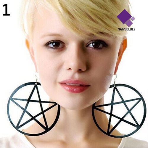 Anting Stud Bentuk Pentacle Hollow Besar Gaya Punk Vintage