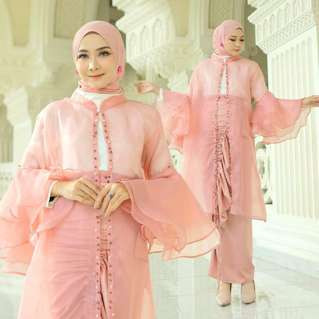 ELDE 77 - Set Rok Lilit + Cardi Belle Matt Cardi Full Organza Import Aplikasi Mote Tembak, Rok Lilit Serut Roberto Cavali ORI, Onesize Fit To XL ( NO INNER, NO JILBAB )