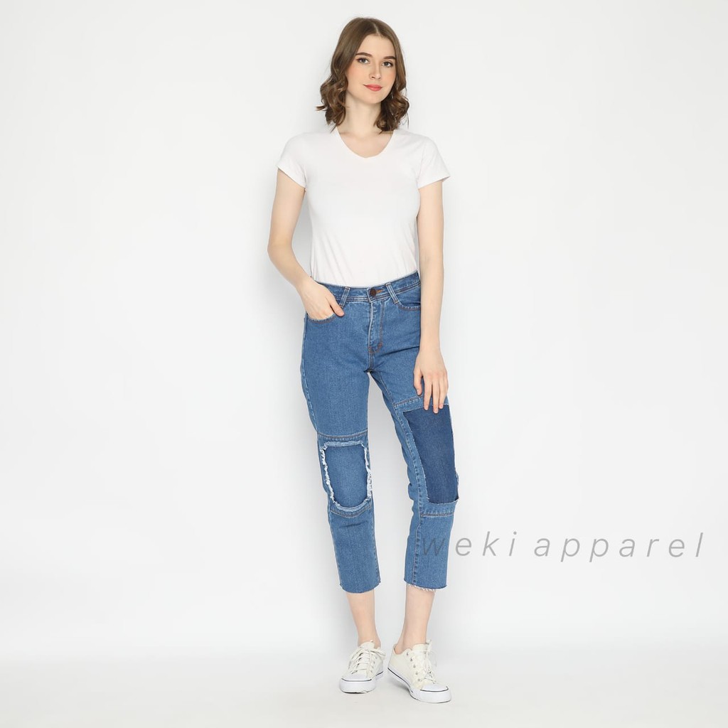 Weki - Boyfriend Jeans Patchwork Unfinished