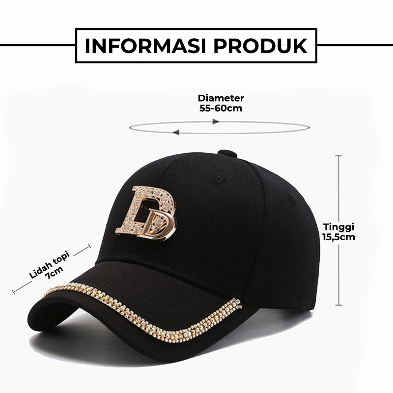 Topi Baseball Pria Wanita Double D Manik Kristal Casual Cap Sporty Distro Bahan Tebal import fashion korea TWA