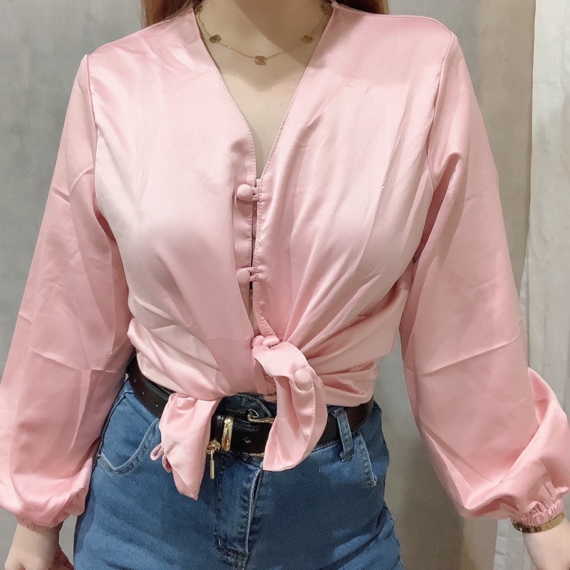 Silky Long Sleeve Blouse | Baju Kemeja Satin Lengan Panjang Korean Fashion | Maimon Grosir