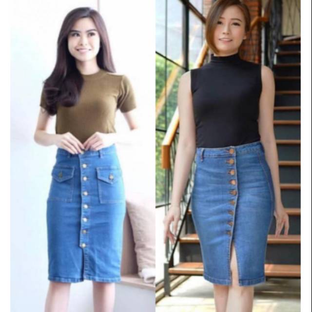 Rok Jeans Pendek Wanita Denim Skirt Stretch Kancing Kantong Depan Cassual Import Murah Best Seller