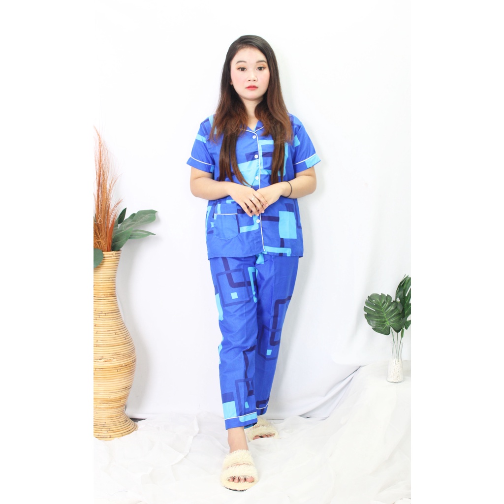 OKHISHOP - CP1 Piyama Pajamas CP Baju Tidur Piyama Wanita Dewasa Setelan CP Motif Trendy Karakter Kotak Guilen-CP Square Navy